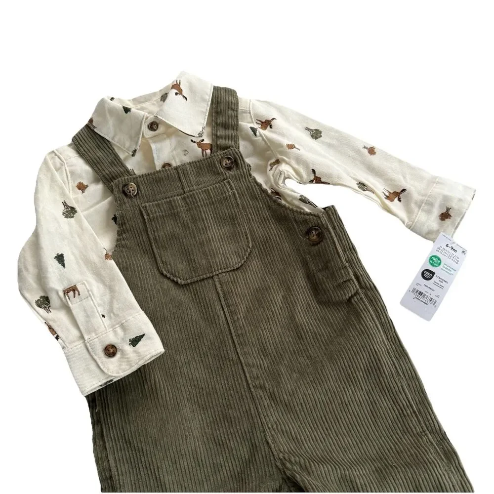 Carter's Baby Boy Corduroy Overall 2 pc Set Moose Green Xmas Woodland 6-9M NWT